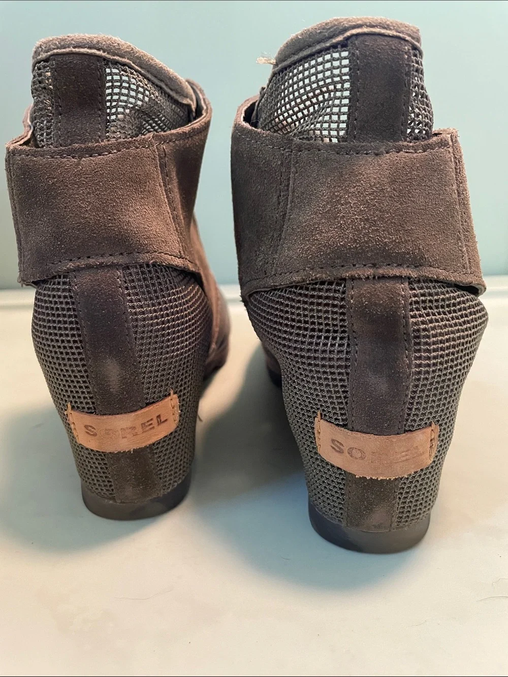 Sorel Wedge Peep-Toe Mesh Ankle Boots - Olive Green
